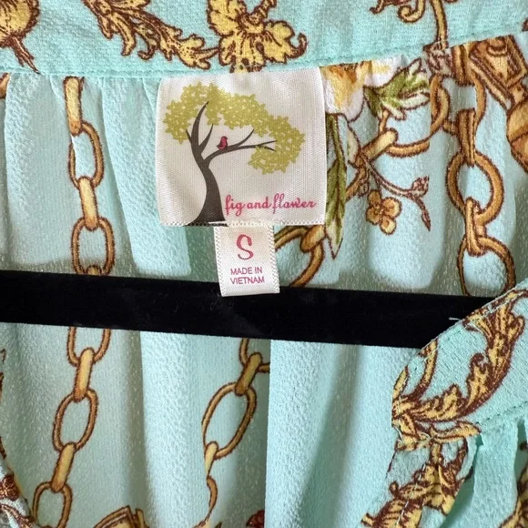 Fig & Flower Blouse Tie Sleeve Aqua Gold Anthropologie Cottagecore Spring Small - Picture 5 of 9